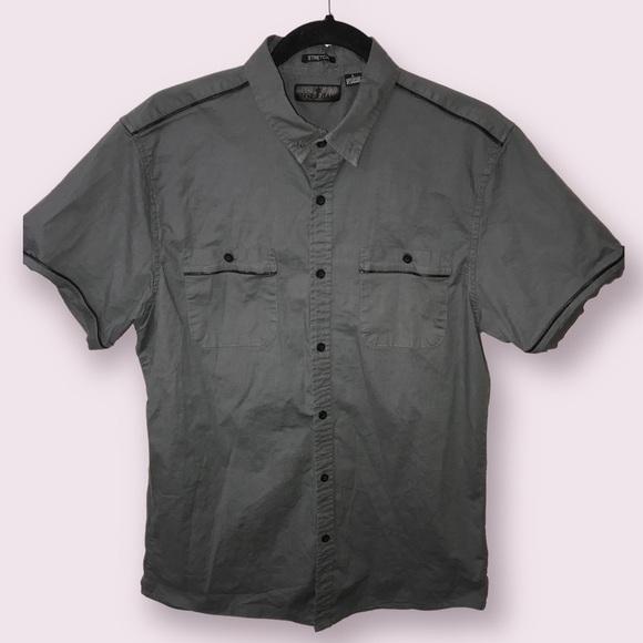 STEVE’S Jeans Mens Cotton Gray Military Style Short Sleeve Button Down Shirt L - Picture 1 of 11